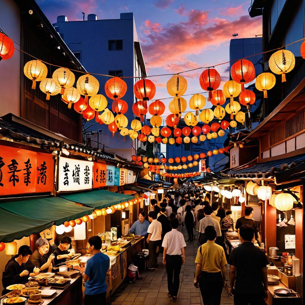 A vibrant street scene in Kobe during a lively festival, featuring people enjoying delicious local street food and traditional Japanese performances. Include colorful lanterns, bustling food stalls with dishes like okonomiyaki and sushi, and a warm sunset sky in the background. Capture the joy and excitement of merrymaking in a charming urban setting. super-realistic. vibrant colors. 3D.