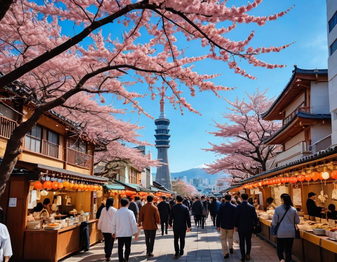 A vibrant street scene showcasing joyful gatherings in Kobe, Japan, with people enjoying local food, traditional performances, and colorful decorations. Incorporate iconic Kobe landmarks in the background, such as the Port Tower and modern architecture, while capturing the essence of friendship and celebration. Include cherry blossom trees framing the scene to enhance the cultural atmosphere. super-realistic. vibrant colors. lively festival vibe.